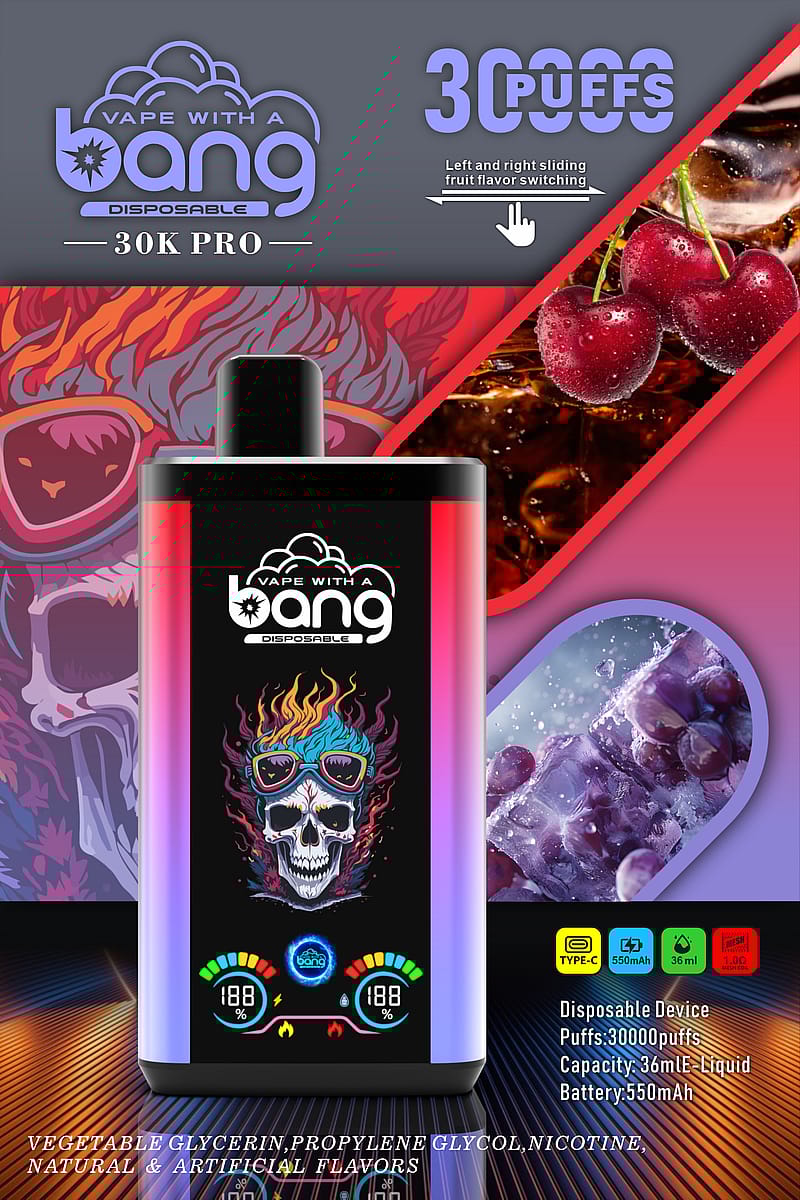 Vape with a Bang 30K Pro disposable device with 30,000 puffs, left and right sliding fruit flavor switching, capacity of 36mL e-liquid, 550mAh battery, and ingredient list.