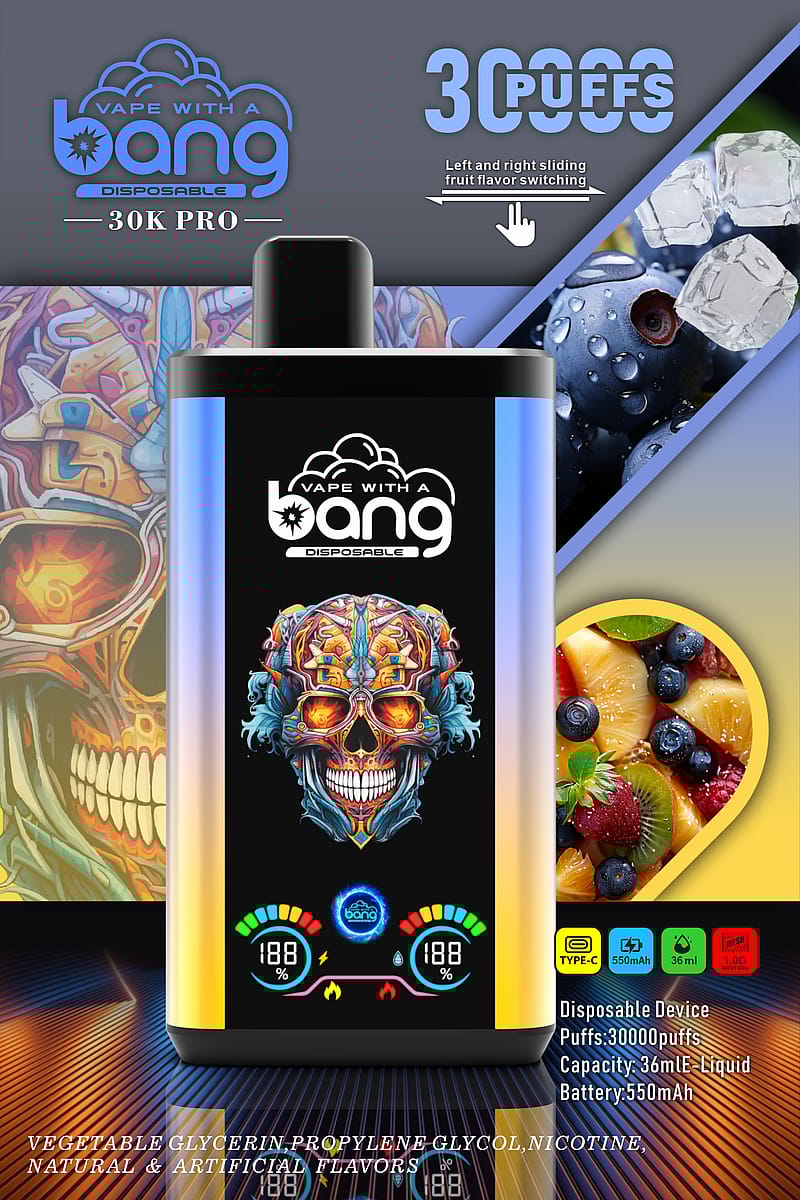 Colorful vape device with fruit flavors and a vibrant skull design. Text includes "Vape with a Bang Disposable 30K Pro," "30000 puffs," and details about vegetable glycerin, propylene glycol, nicotine, and flavor ingredients. Device specifications: 36mL liquid capacity and 550mAh battery.