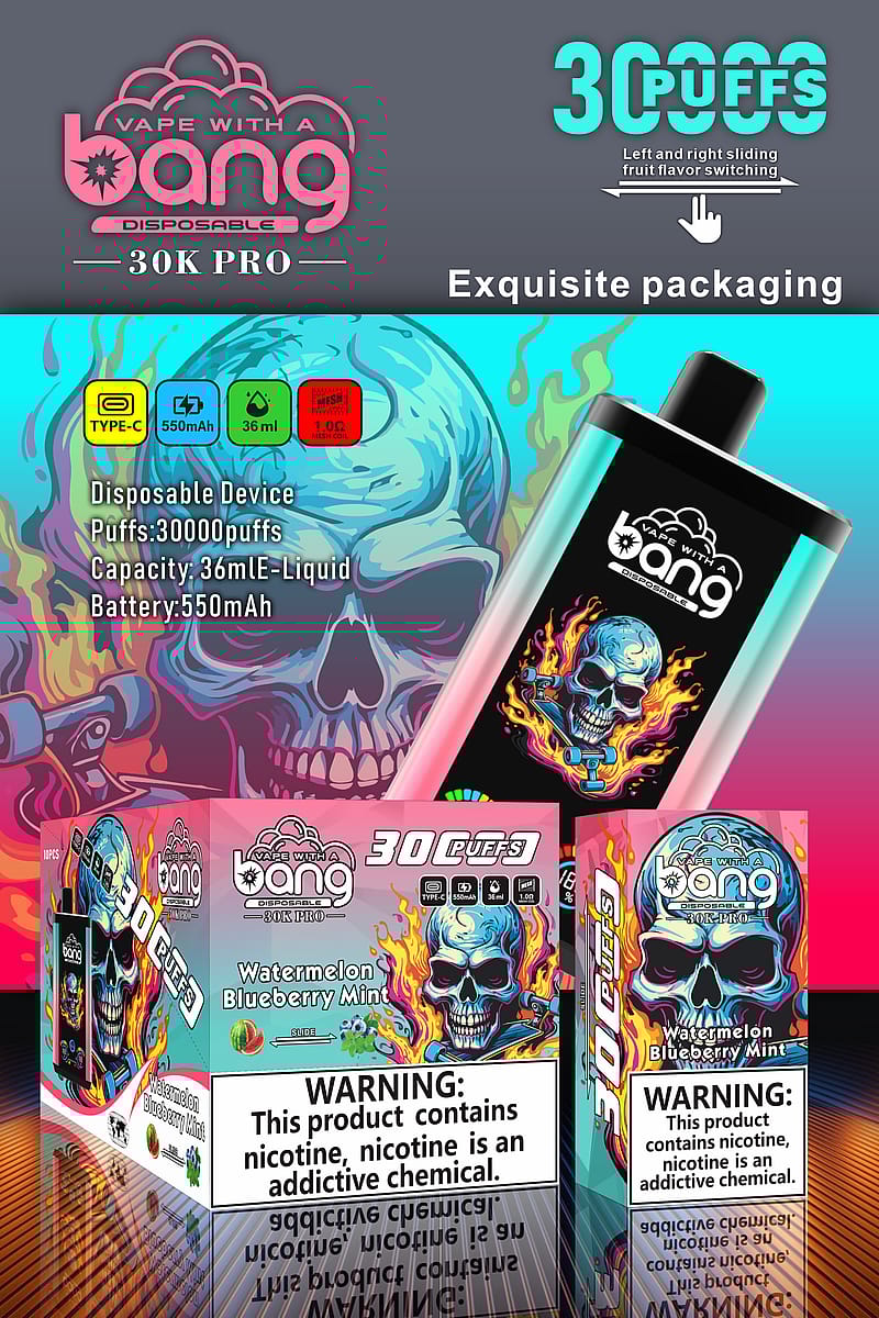 Promotional graphic for the "Vape with a Bang 30K PRO" disposable vape device. Features include 30,000 puffs, type-C charging, 36mL liquid capacity, and 550mAh battery. The packaging and device display a flaming skull design and the flavor "Watermelon Blueberry Mint." A nicotine addiction warning is prominently shown.