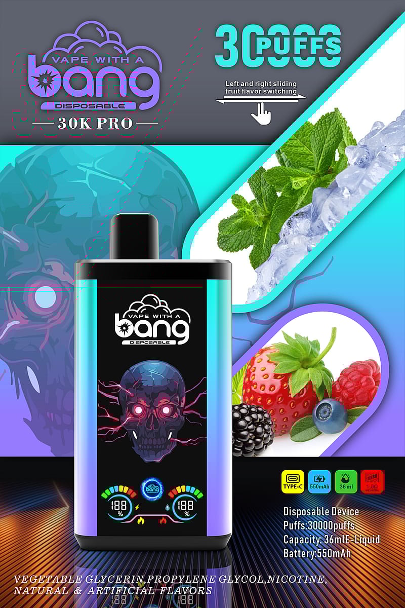 Vape with a Bang 30K Pro Disposable Device advertisement featuring fruit flavors, 30,000 puffs capacity, 36mL liquid, 550mAh battery, and Type-C charging.