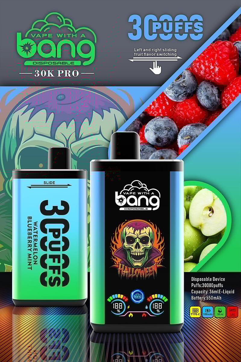 "Vape with a Bang" Disposable 30K PRO with 30,000 puffs, featuring fruit flavor switching, watermelon, blueberry, and mint flavors, Halloween-themed design, 36mL e-liquid capacity, and 550mAh battery.