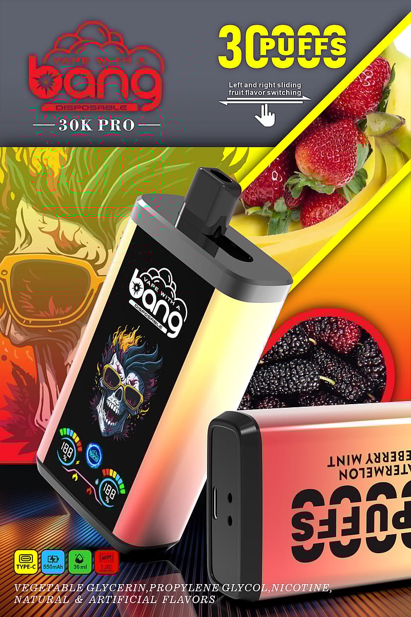 Vape with a Bang 30K Pro disposable vape device advertisement featuring bright colors, fruit images, and a skull illustration on the vape device, highlighting features like 30,000 puffs, flavor switching, and specifications such as a 550mAh battery and 36ml capacity.
