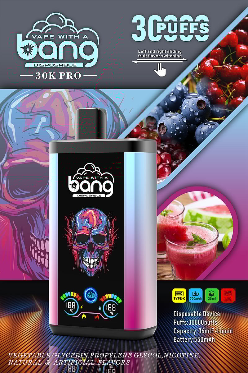 Advertisement for the Bang 30K Pro disposable vape featuring a colorful design, fruit flavor images, and product specifications including 30,000 puffs, 36mL capacity, and 550mAh battery.