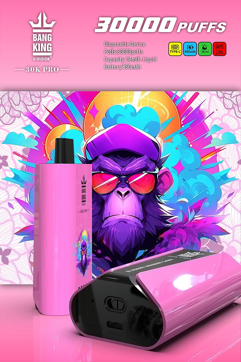 Rosa engångsapparat med varumärket "Bang King 30K Pro", med en livfull illustration av en lila gorilla med solglasögon. Texten lyfter fram 30 000 puffar, 36 ml e-vätskekapacitet, 850 mAh batteri och typ C-laddning.