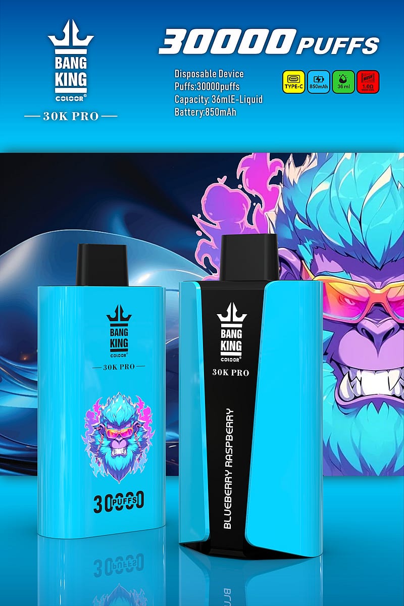 Engångsapparat "Bang King 30K Pro" med 30 000 puffar, 36 ml e-vätskekapacitet, 850 mAh batteri och Blueberry Raspberry-smak, i en livlig blå förpackning med en stiliserad gorillagrafik.