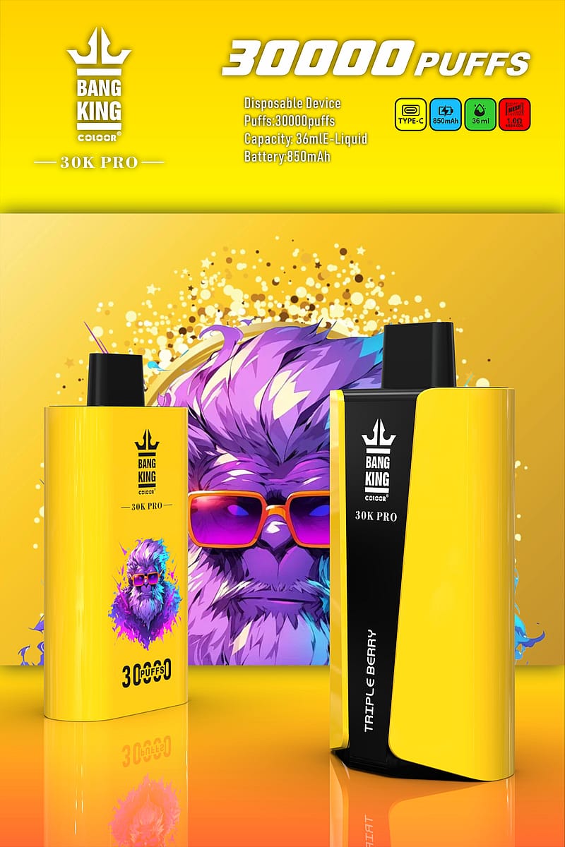 Bang King 30K Pro engångsapparat med 30 000 puffar, 36 ml vätskekapacitet, 850 mAh batteri, typ C-laddning och en gul design med en lila karaktär som bär solglasögon.