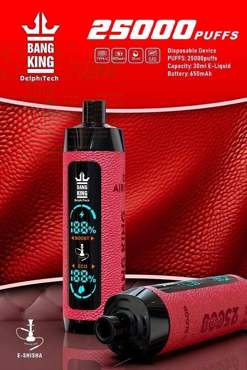 A red disposable e-shisha device with a textured finish, labeled "Bang King" and "25000 Puffs," featuring an LED display showing battery and mode indicators, placed against a red leather background.