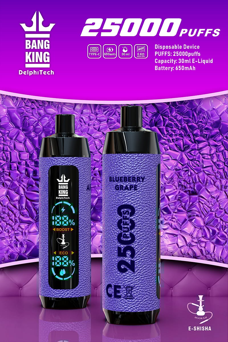 Purple disposable e-shisha device labeled "Bang King" with 25,000 puffs, 650mAh battery, 30ml e-liquid capacity, and blueberry grape flavor.