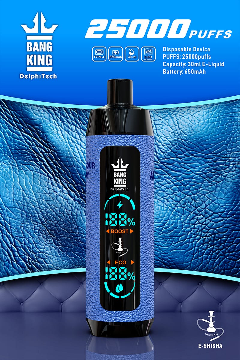 Disposable vape device with blue leather texture, labeled "Bang King DelphiTech," featuring 25000 puffs, 650mAh battery, 30ml capacity, digital display showing battery percentage, boost and eco modes, and Type-C charging.