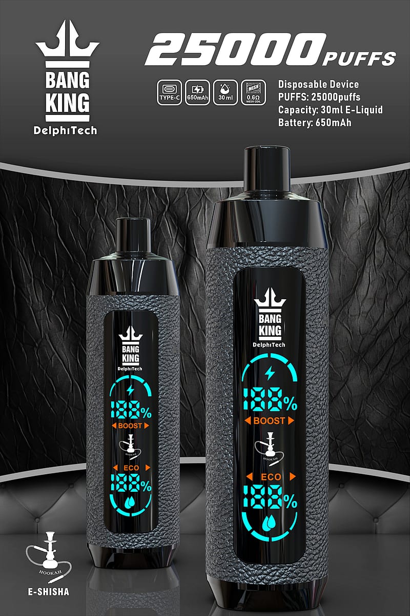 A sleek disposable e-shisha device labeled "Bang King DelphiTech" with a leather-textured body, digital display showing "Boost" and "Eco" modes, a 25000 puffs capacity, 30ml e-liquid, 650mAh battery, and Type-C charging.