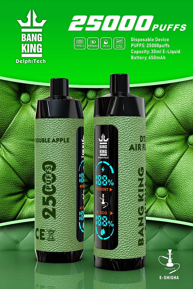 Green-themed advertisement for Bang King e-shisha featuring a disposable device with 25,000 puffs, 30ml e-liquid capacity, 650mAh battery, Type-C charging, and a 0.6Ω mesh coil, highlighting "Double Apple" flavor and sleek, textured design.