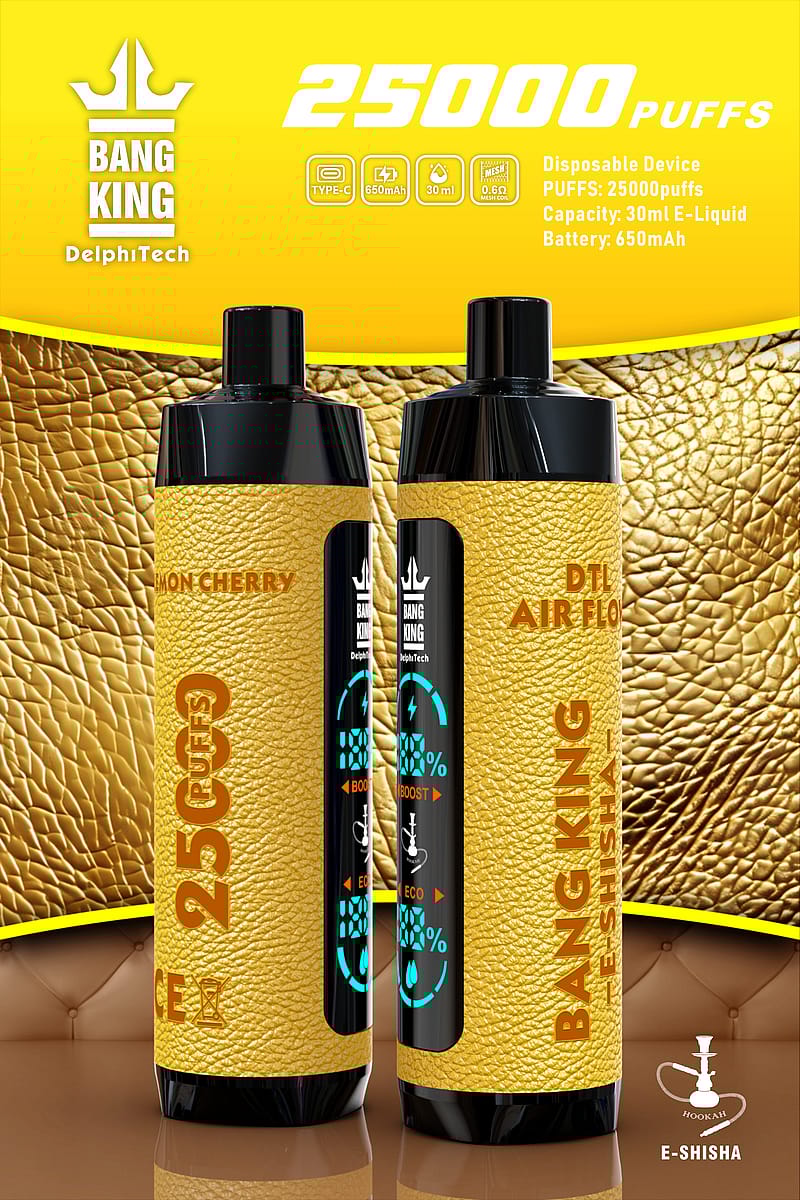 Golden disposable e-shisha device with a textured finish, labeled "Bang King," offering 25,000 puffs, 30ml e-liquid capacity, 650mAh battery, and a digital display showcasing modes like "ECO" and "BOOST."