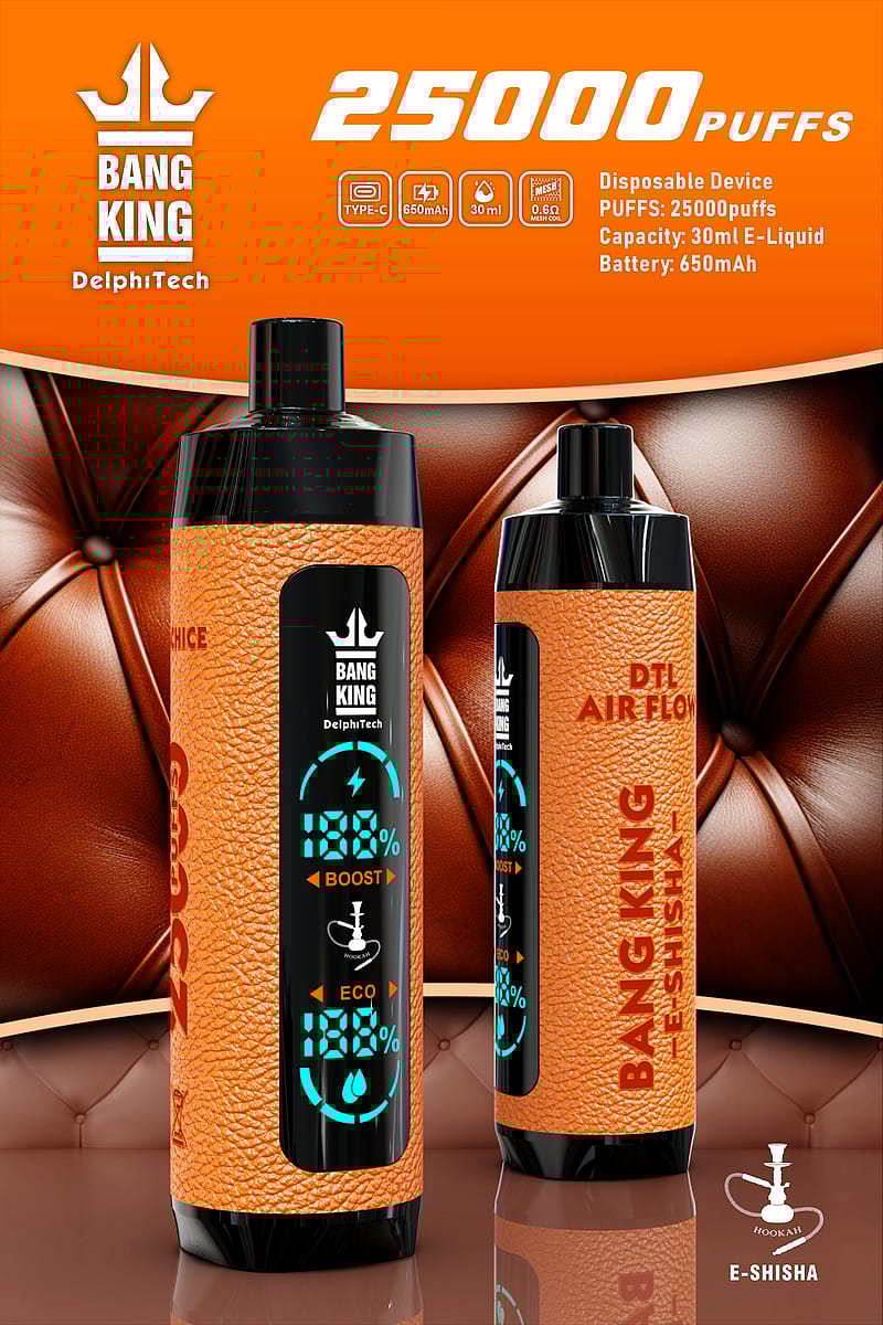 An orange disposable e-shisha device with a leather-textured finish, digital display showing "Boost" and "Eco" modes, 25000 puffs capacity, Type-C charging, 650mAh battery, and 30ml e-liquid capacity.