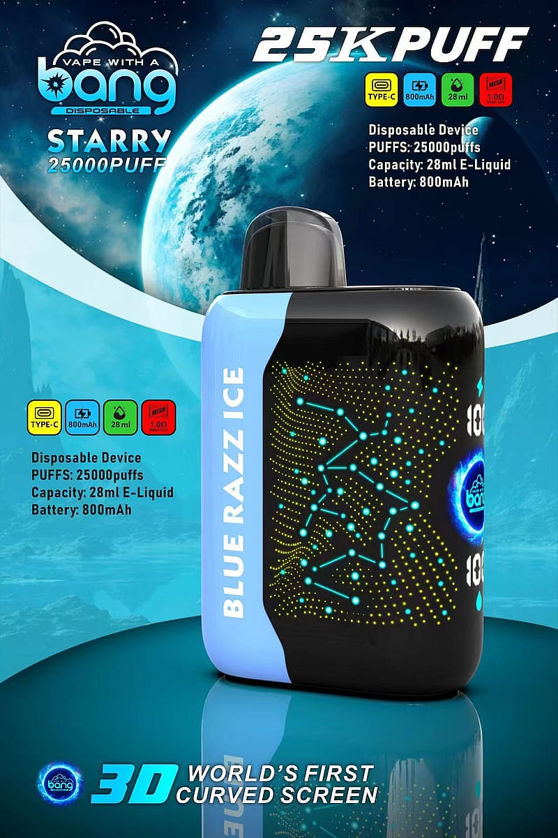 Vape-enhet för engångsbruk med "Blue Razz Ice"-smak, 25 000 puffar, 28 ml e-vätskekapacitet, 800 mAh batteri, Type-C-laddning, med en 3D-böjd skärmdesign och en bakgrund med kosmiskt tema.