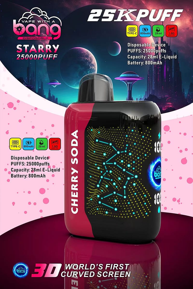 En engångsvape-enhet med "Cherry Soda"-smak, som erbjuder 25 000 puffar, 28 ml e-vätskekapacitet och ett 800 mAh batteri, med en futuristisk design med en 3D-böjd skärm och en bakgrund med rymdtema.