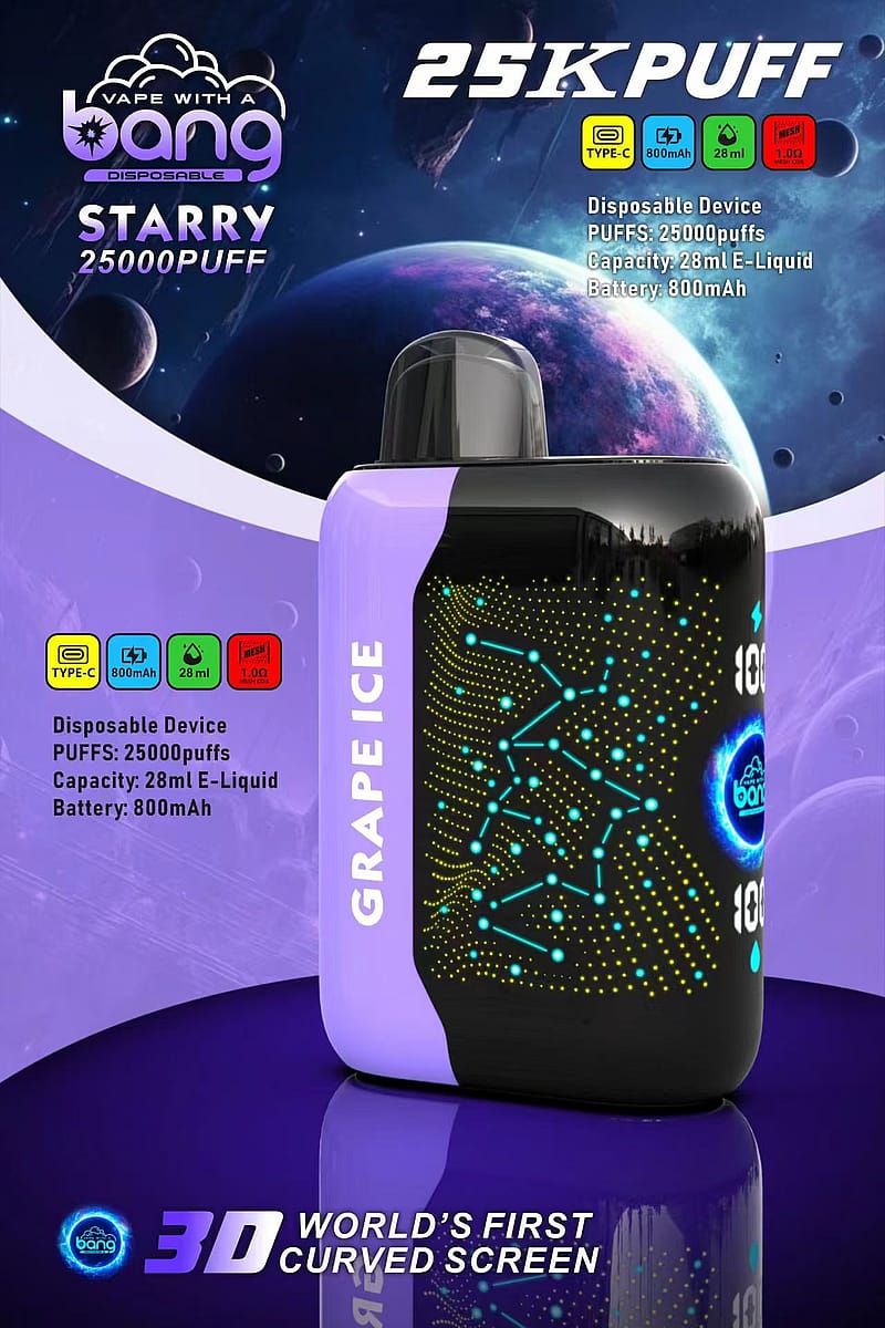 En engångsvape-enhet med en 3D-böjd skärm, märkt "Bang Starry 25000 Puff", med "Grape Ice"-smak, 28 ml kapacitet, 800mAh batteri och Type-C-laddning.