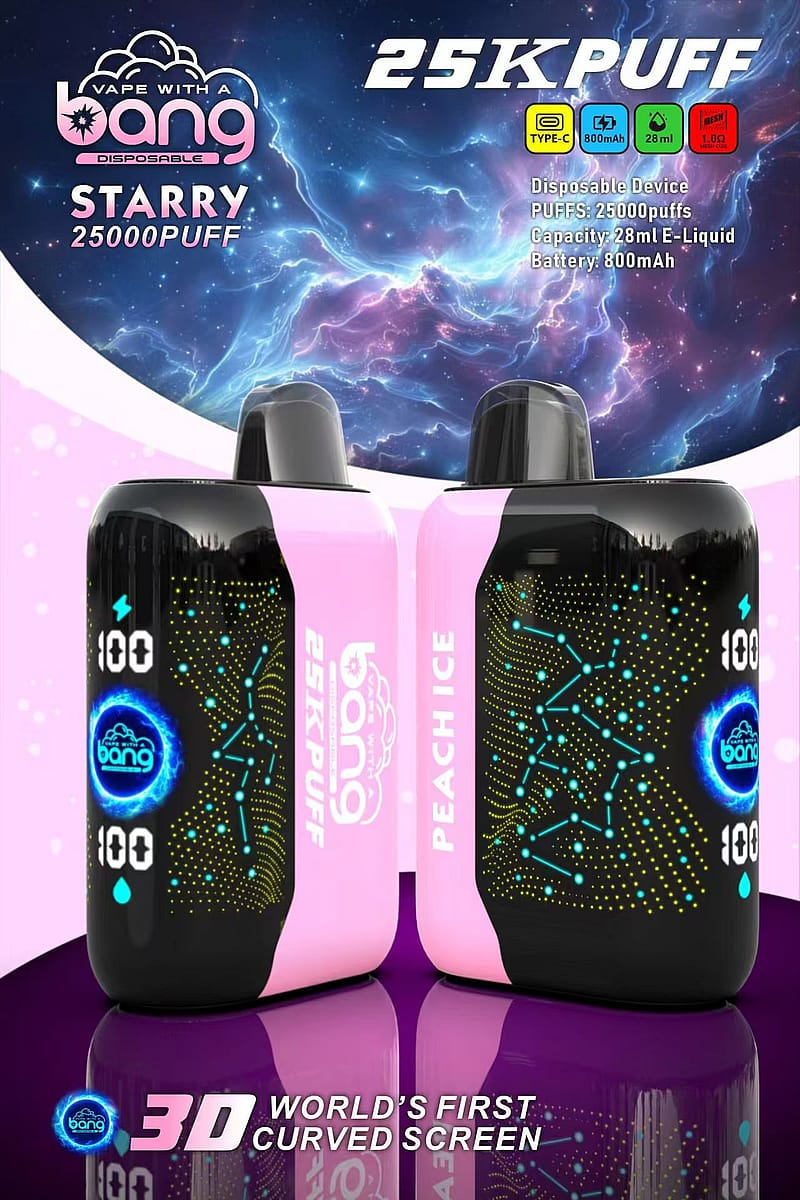 En rosa och svart engångsvape-enhet med "Bang Starry 25K Puff"-märket, med en 3D-böjd skärm och specifikationer som 25 000 puffar, 28 ml e-vätskekapacitet och ett 800mAh batteri, som visas mot en bakgrund med kosmiskt tema.