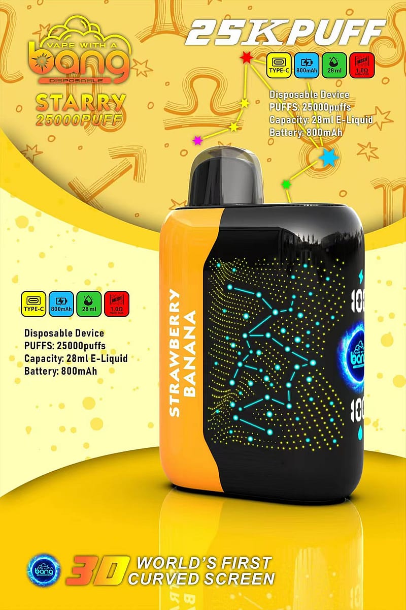 En engångsvape-enhet märkt "Bang Starry 25000 Puff" med smak av jordgubbsbanan, 28 ml e-vätskekapacitet, 800mAh batteri, Type-C-laddning och en 3D-böjd skärmdesign på gul bakgrund med stjärnmönster.