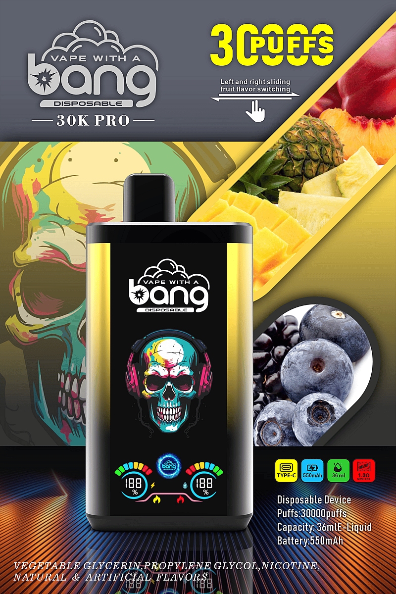 Promotional image of a "Vape with a Bang Disposable 30K Pro" vape device. The device features vibrant artwork, offers 30,000 puffs, and has a sliding mechanism for fruit flavor switching. The image includes details about specifications including 36ml e-liquid capacity, 550mAh battery, and mentions ingredients: vegetable glycerin, propylene glycol, nicotine, and natural & artificial flavors.