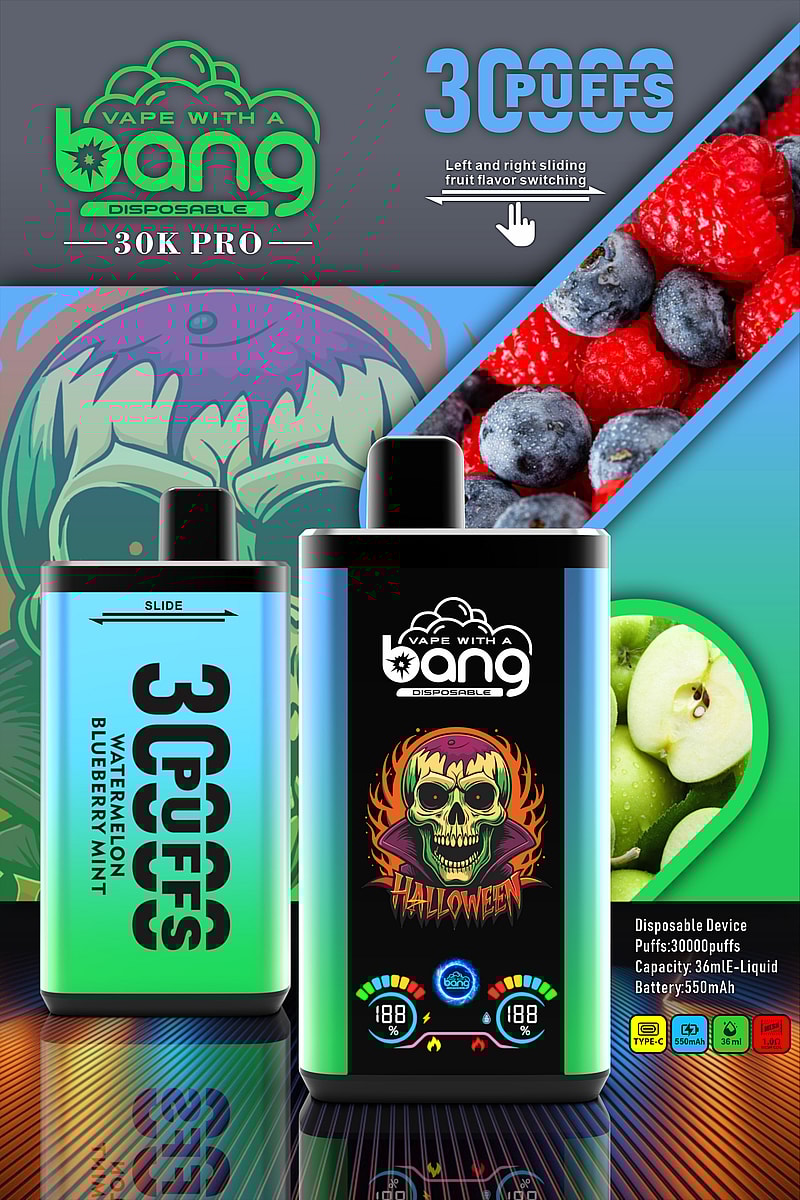 "Vape with a Bang" Disposable 30K PRO with 30,000 puffs, featuring fruit flavor switching, watermelon, blueberry, and mint flavors, Halloween-themed design, 36mL e-liquid capacity, and 550mAh battery.