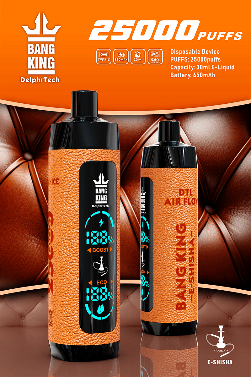En orange e-shisha-enhet för engångsbruk med läderstruktur, digital display som visar lägena "Boost" och "Eco", kapacitet för 25 000 bloss, Type-C-laddning, 650 mAh batteri och 30 ml e-vätskekapacitet.