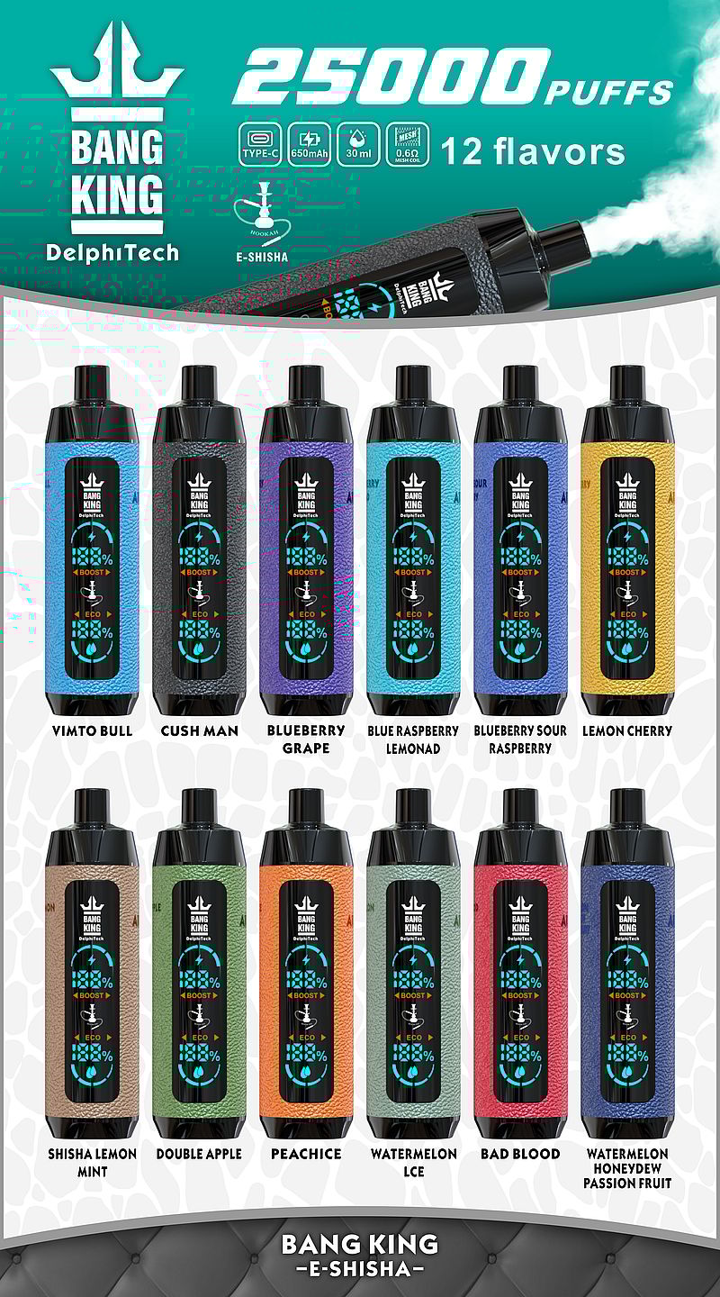 Promotional image showcasing the "Bang King" e-shisha device with 25000 puffs, 12 flavors, and key features including Type-C charging, 650mAh battery, 30ml capacity, and mesh coil technology. Flavors displayed: Vimto Bull, Cush Man, Blueberry Grape, Blue Raspberry Lemonade, Blueberry Sour Raspberry, Lemon Cherry, Shisha Lemon Mint, Double Apple, Peach Ice, Watermelon Ice, Bad Blood, and Watermelon Honeydew Passion Fruit.