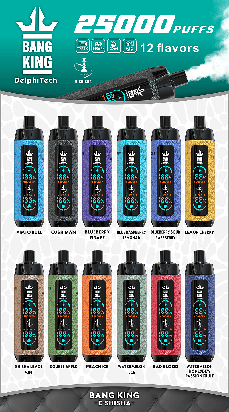 Kampanjbild som visar "Bang King" e-shisha-enheten med 25 000 puffar, 12 smaker och nyckelfunktioner inklusive Type-C-laddning, 650 mAh batteri, 30 ml kapacitet och mesh-spolteknologi. Smaker som visas: Vimto Bull, Cush Man, Blueberry Grape, Blue Raspberry Lemonade, Blueberry Sour Raspberry, Citron Cherry, Shisha Lemon Mint, Double Apple, Peach Ice, Watermelon Ice, Bad Blood och Watermelon Honeydew Passion Fruit.