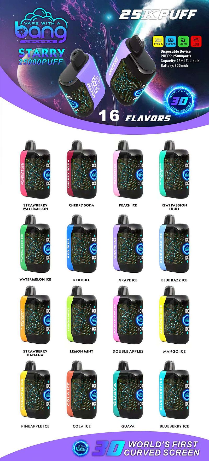 Bild som visar "Bang Starry" engångsvapes med en 3D-böjd skärmdesign, 25 000 puffar, Type-C-laddning, 800mAh batteri och 16 tillgängliga smaker, inklusive Strawberry Watermelon, Cherry Soda, Peach Ice och Kiwi Passion Fruit.