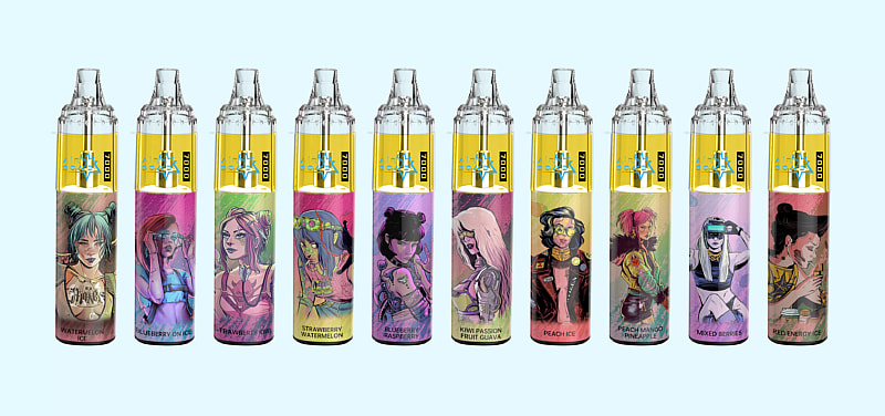 Ten colorful disposable vape devices with illustrated characters on each, featuring various flavors like watermelon ice, strawberry kiwi, and mixed berries.