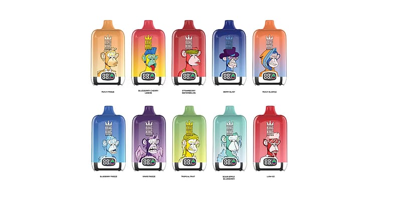 Un conjunto de diez coloridos dispositivos de vapeo desechables con ilustraciones de monos de dibujos animados, cada uno etiquetado con diferentes sabores como Peach Freeze, Blueberry Cherry Lemon y Grape Freeze.