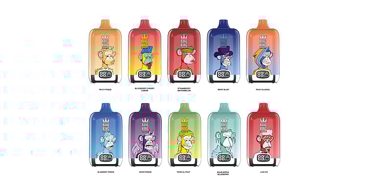 A set of ten colorful disposable vape devices with cartoon monkey illustrations, each labeled with different flavors like Peach Freeze, Blueberry Cherry Lemon, and Grape Freeze.