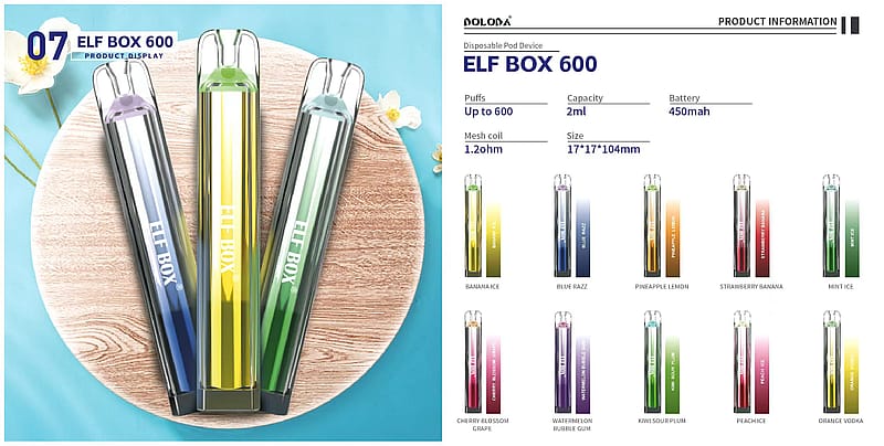 Product display of the ELF BOX 600 disposable vape device in various colors and flavors, showing the device's specifications such as 600 puffs, 2ml capacity, 450mAh battery, and 1.2-ohm mesh coil.