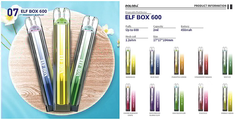 Produktdisplay des ELF BOX 600 Einweg-Dampfgeräts in verschiedenen Farben und Geschmacksrichtungen mit den technischen Daten des Geräts wie 600 Puffs, 2 ml Fassungsvermögen, 450-mAh-Akku und 1,2-Ohm-Mesh-Spule.