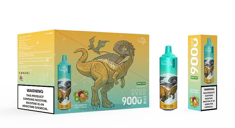 Une boîte et un appareil à vapotage jetable avec des illustrations de dinosaures, étiquetés « Air Bomb 9000 Puffs », avec la saveur « Kiwi Passion Fruit Guava » et un avertissement concernant la nicotine.