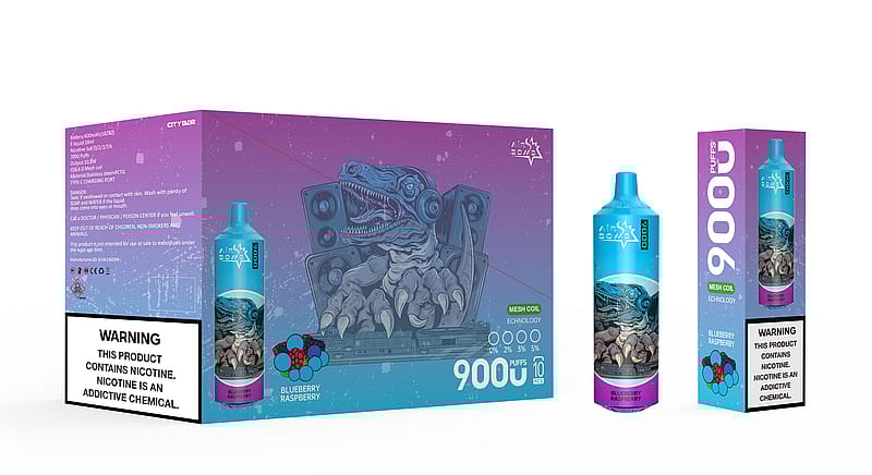 Emballage d'un vaporisateur jetable aromatisé à la myrtille et à la framboise, d'une capacité de 9 000 bouffées, comportant une illustration de dinosaure sur la boîte et le dispositif, avec une étiquette d'avertissement sur la nicotine.