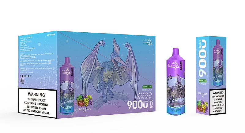 Emballage d'un produit de vapotage appelé « Air Bomb 9000 Puffs » présentant un design violet et bleu avec un ptérodactyle de dessin animé et une étiquette de saveur « Triple Grape Ice », y compris un avertissement concernant la nicotine.