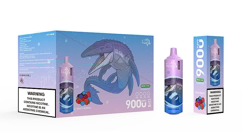 Une boîte et un appareil à vapotage présentant un motif de créature marine violette avec un thème de baies et un texte indiquant « 9 000 bouffées », « baies mélangées » et des avertissements concernant la nicotine.
