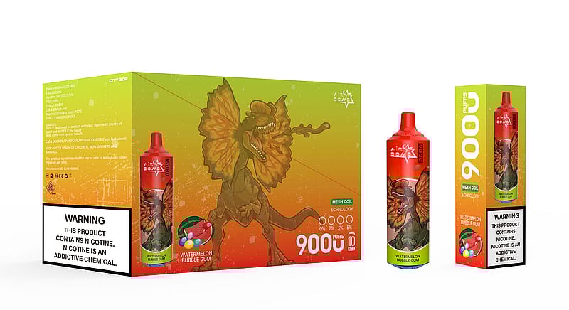 Emballage d'un appareil de vapotage au goût de chewing-gum à la pastèque avec une illustration de dinosaure, indiquant 9 000 bouffées et une étiquette d'avertissement sur la nicotine.