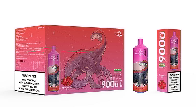 Emballage d'un appareil à vapoter avec une illustration de dinosaure, étiqueté « 9000 bouffées » et « Glace à la fraise ». Les avertissements indiquent la teneur en nicotine et son caractère addictif.