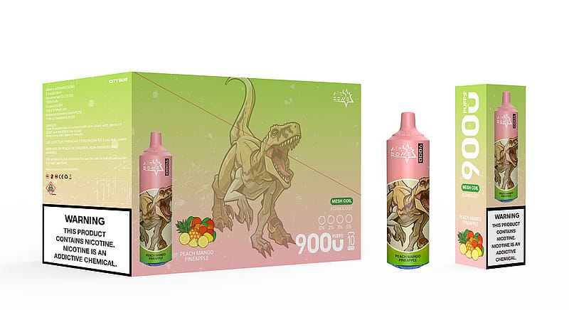 Un appareil de vapotage jetable de 9 000 bouffées avec une saveur de pêche, de mangue et d'ananas, comportant une illustration de T-rex sur l'emballage et des étiquettes d'avertissement indiquant la présence de nicotine, un produit chimique addictif.