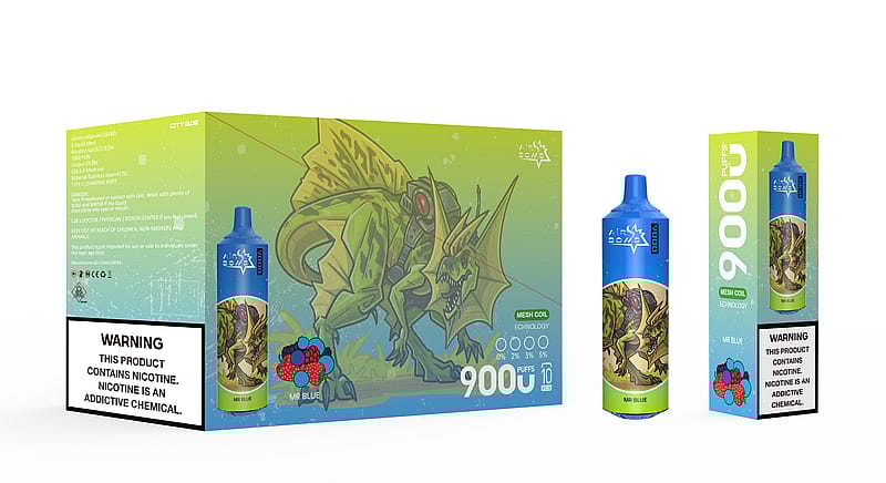 Emballage d'appareil à vapotage comportant une illustration de créature verte ressemblant à un dragon, avec un texte indiquant « 9 000 bouffées » et une étiquette d'avertissement concernant la nicotine.