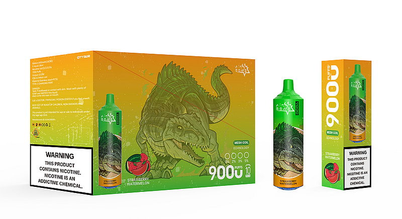 A box and a vape device featuring a green crocodile design, labeled "9000 puffs" and "Strawberry Watermelon" flavor, with a nicotine warning label at the bottom.