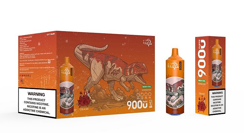 Una scatola e un dispositivo per svapare con una confezione arancione raffigurante un dinosauro, l'etichetta "Air Bomb 9000 Puffs Cola Ice" e un'avvertenza sulla nicotina.