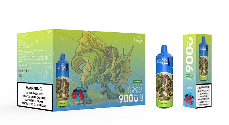 Confezione del dispositivo per lo svapo raffigurante un drago verde, con il testo che indica "9000 boccate" e un'etichetta di avvertenza sulla nicotina.