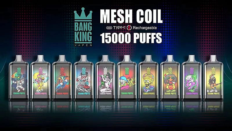 Dispositivi di svapo Bang King con bobina a rete, ricaricabili di tipo C, che offrono 15.000 boccate ciascuno, esposti in vari design e colori.