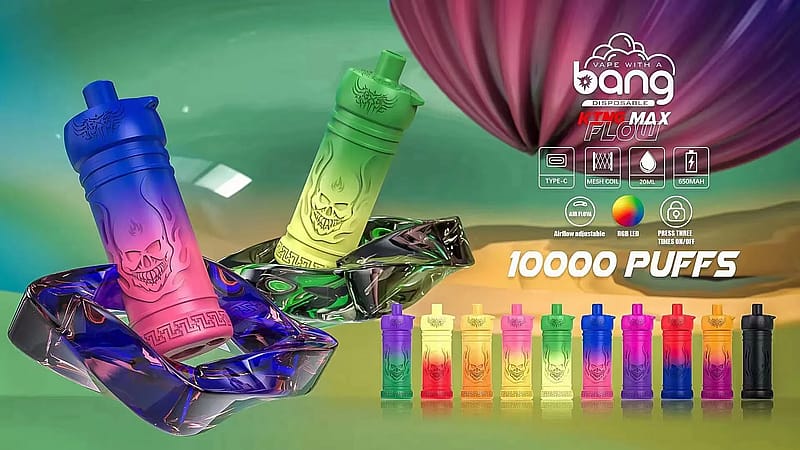 En färgglad engångsvapenapparat med dödskalle-design som erbjuder 10 000 puffar, justerbart luftflöde, RGB LED och Type-C-laddning.