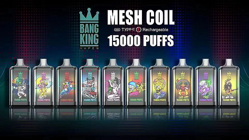 Bang King vape devices with mesh coil, Type-C rechargeable, offering 15,000 puffs each, displayed in various designs and colors.