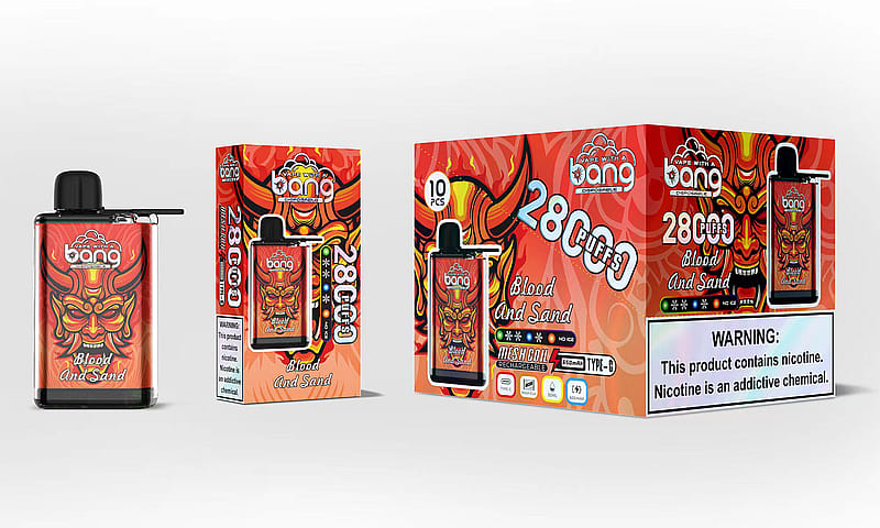 Ein Vape-Produkt mit der Aufschrift „Blood and Sand“ und einem hellen, farbenfrohen Design mit einem gehörnten Gesicht. Links ist ein Einweg-Vaporizer abgebildet und rechts eine Schachtel mit 10 Stück. Auf der Schachtel steht „2800 PUFFS“ und es gibt eine Warnung vor Nikotin.