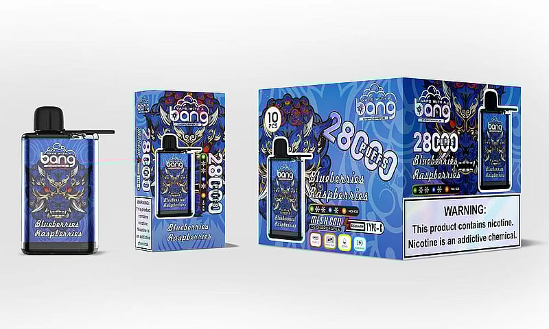 Ein Einweg-Vaporizer und seine Verpackung, die ein Design in Blautönen und einem künstlerischen Drachenmotiv aufweist. Der Vaporizer trägt die Aufschrift „Blaubeeren Himbeeren“ und weist auf „280 Züge“ mit einem Warnhinweis zu Nikotin hin.