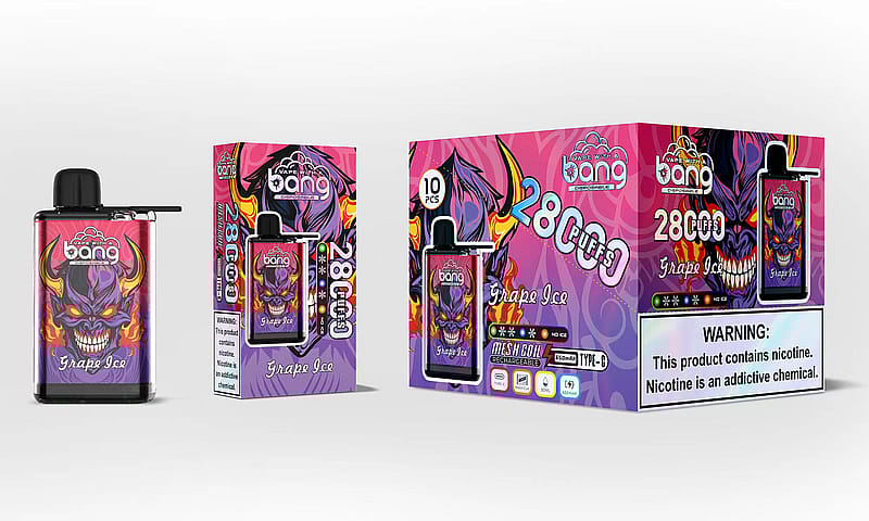Eine farbenfrohe Vape-Verpackung mit einer teuflischen Figur mit Hörnern, Flammen und einem bedrohlichen Grinsen sowie den Aufschriften „Bang Disposable“ und „Grape Ice“, einer Kapazität von 2800 Zügen und einer Warnung vor Nikotin.